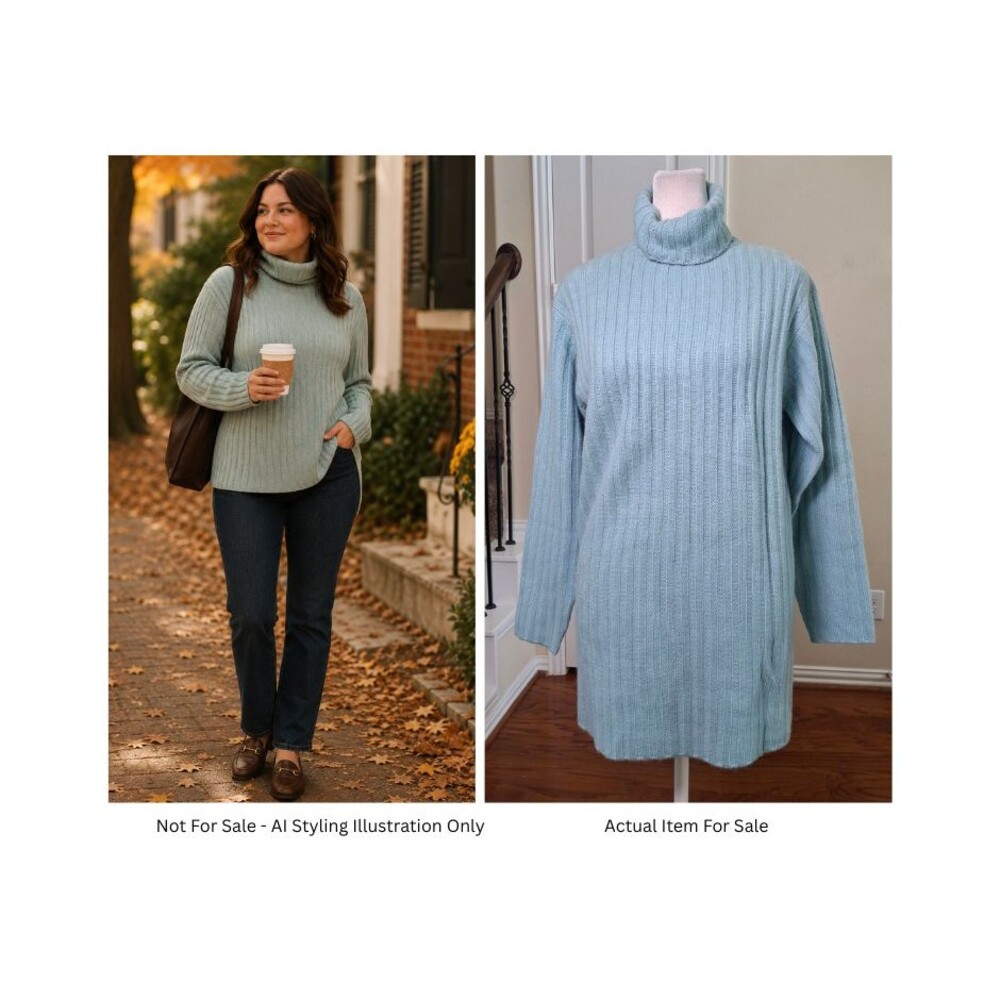 Neiman Marcus 100% Cashmere Turtleneck Tunic Sweater Green Women M Ribbed Fall